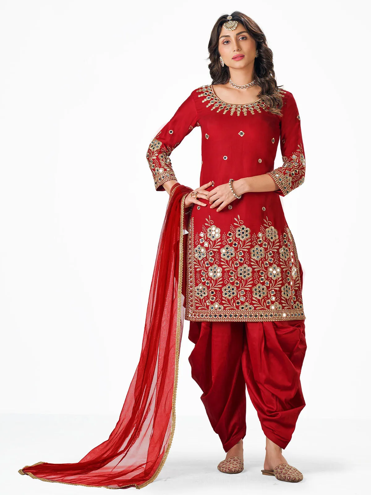 Odette Women Red Faux Georgette Semi Stitched Kurta Set With Dupatta