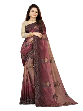 Odette Women Violet Lycra Digital Print & Siroski Work Saree With Unstitched Blouse