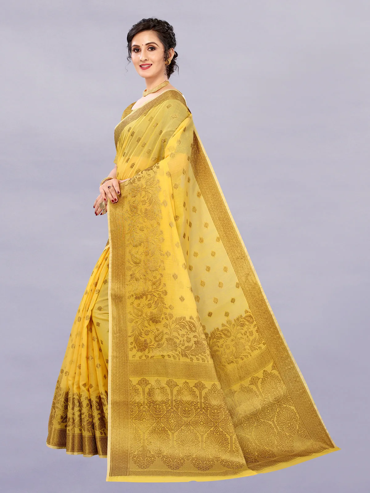 Odette Women Yellow Cotton Silk Woven Saree With Unstitched Blouse