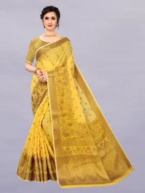 Odette Women Yellow Cotton Silk Woven Saree With Unstitched Blouse