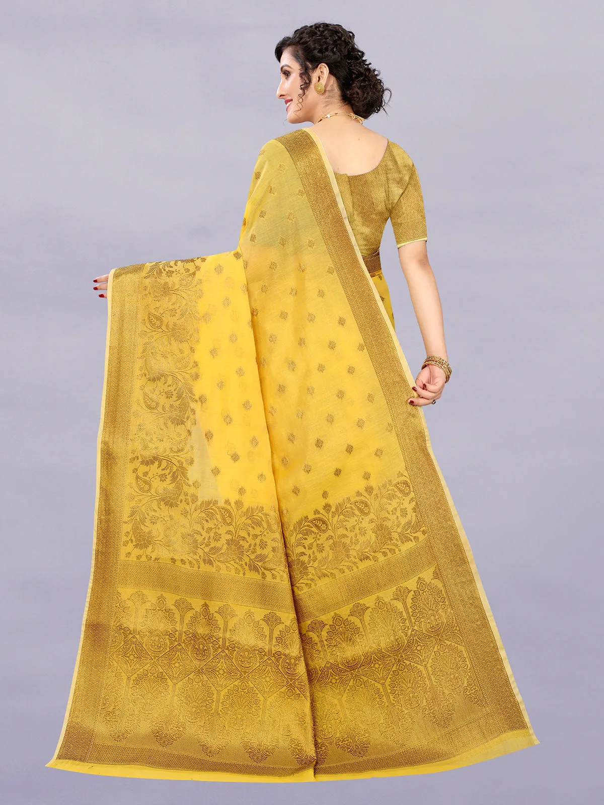 Odette Women Yellow Cotton Silk Woven Saree With Unstitched Blouse