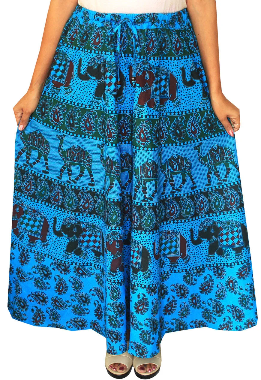 Printed Cotton Womens Long Skirt Indian Clothing (Blue)