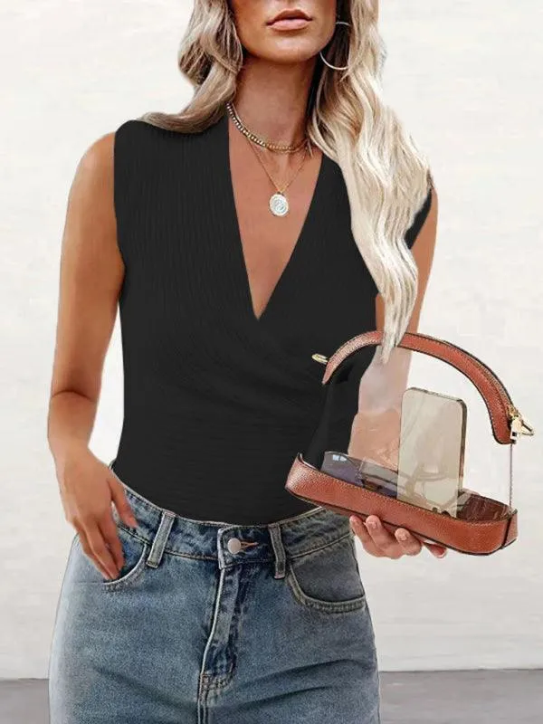 Solid V-Neck Knit Slim Women Top