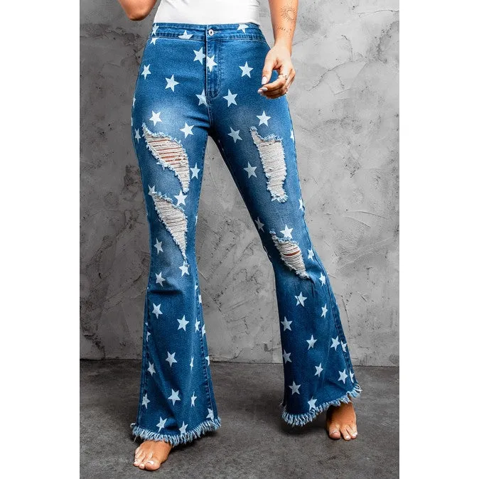 Star Print Distressed Raw Hem Flare Jeans