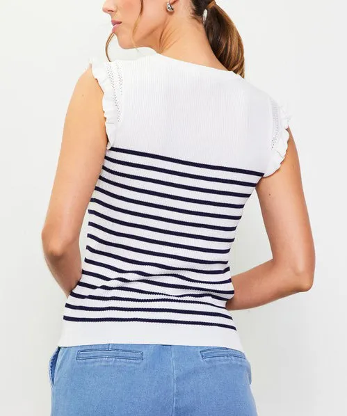 Stripe Ruffle Sleeve Knit Top - White/Navy