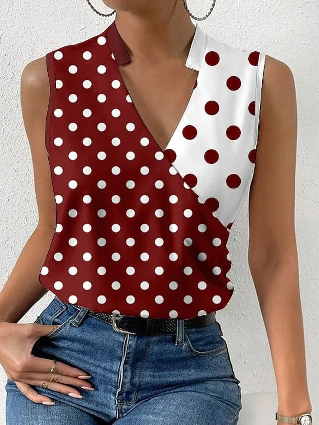 Tank Top Black Wine Blue Polka Dot Print Sleeveless Casual Basic V Neck Regular S for Women