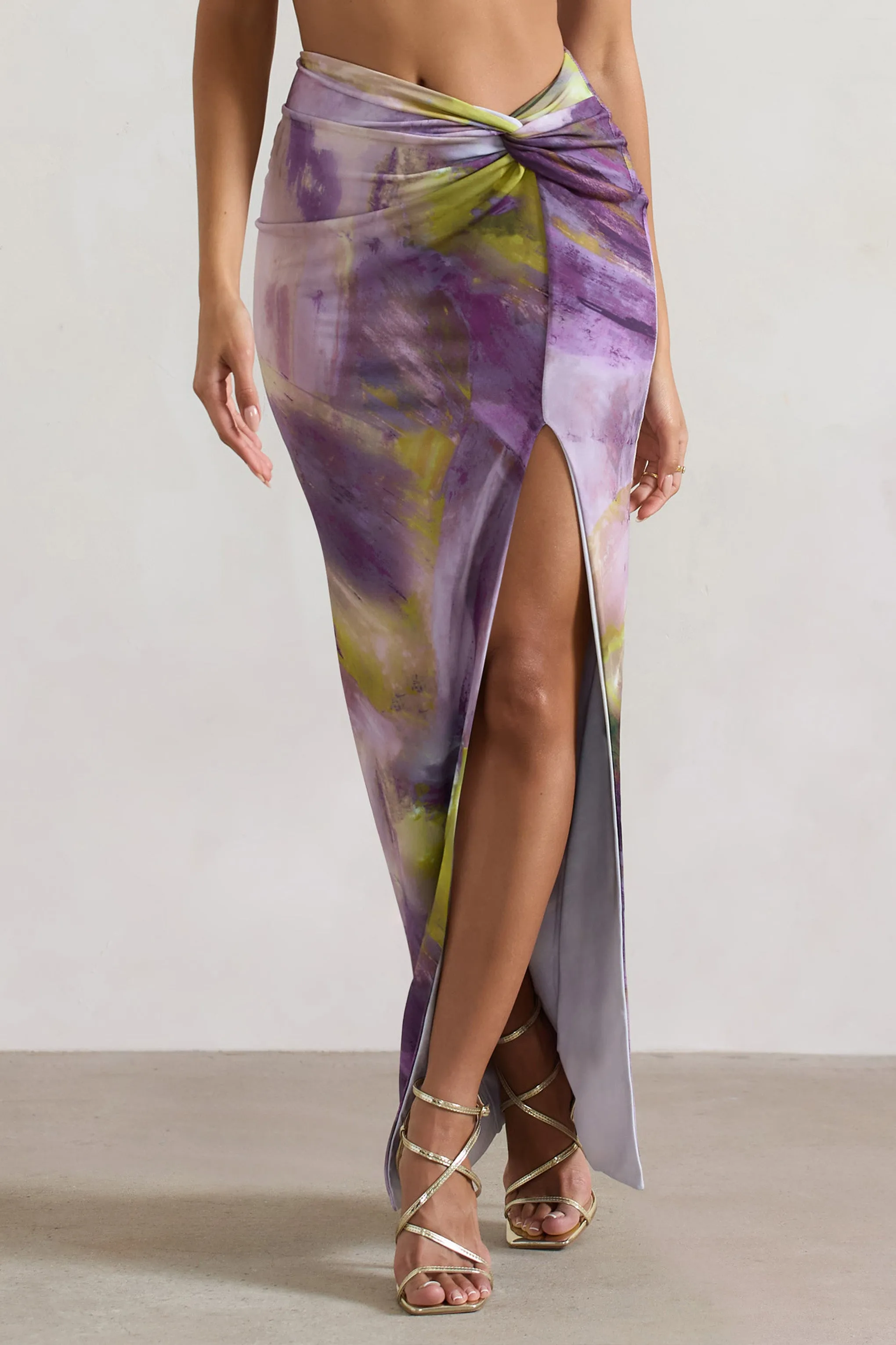 Tender Kiss | Lilac Print Knot Split Maxi Skirt