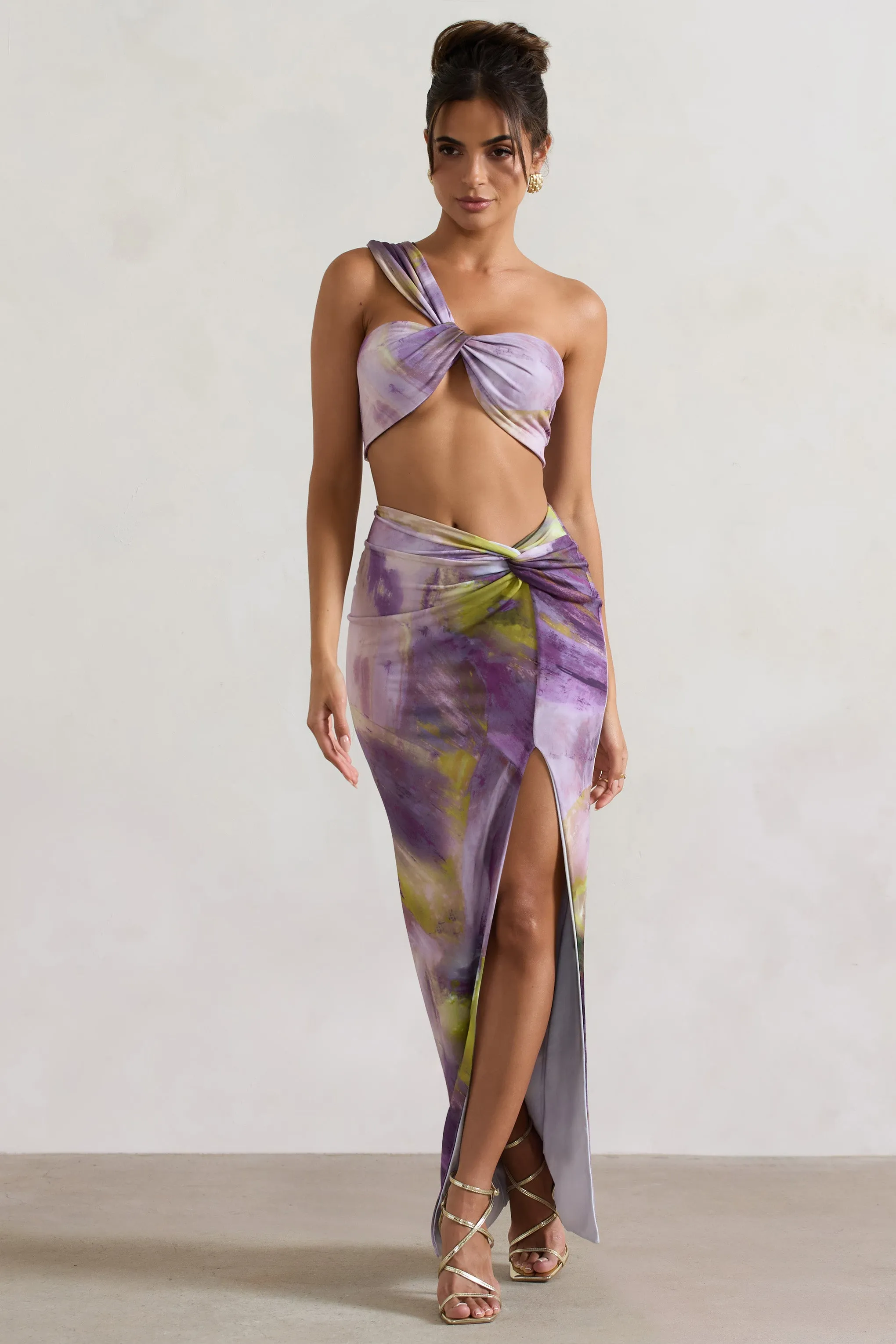 Tender Kiss | Lilac Print Knot Split Maxi Skirt