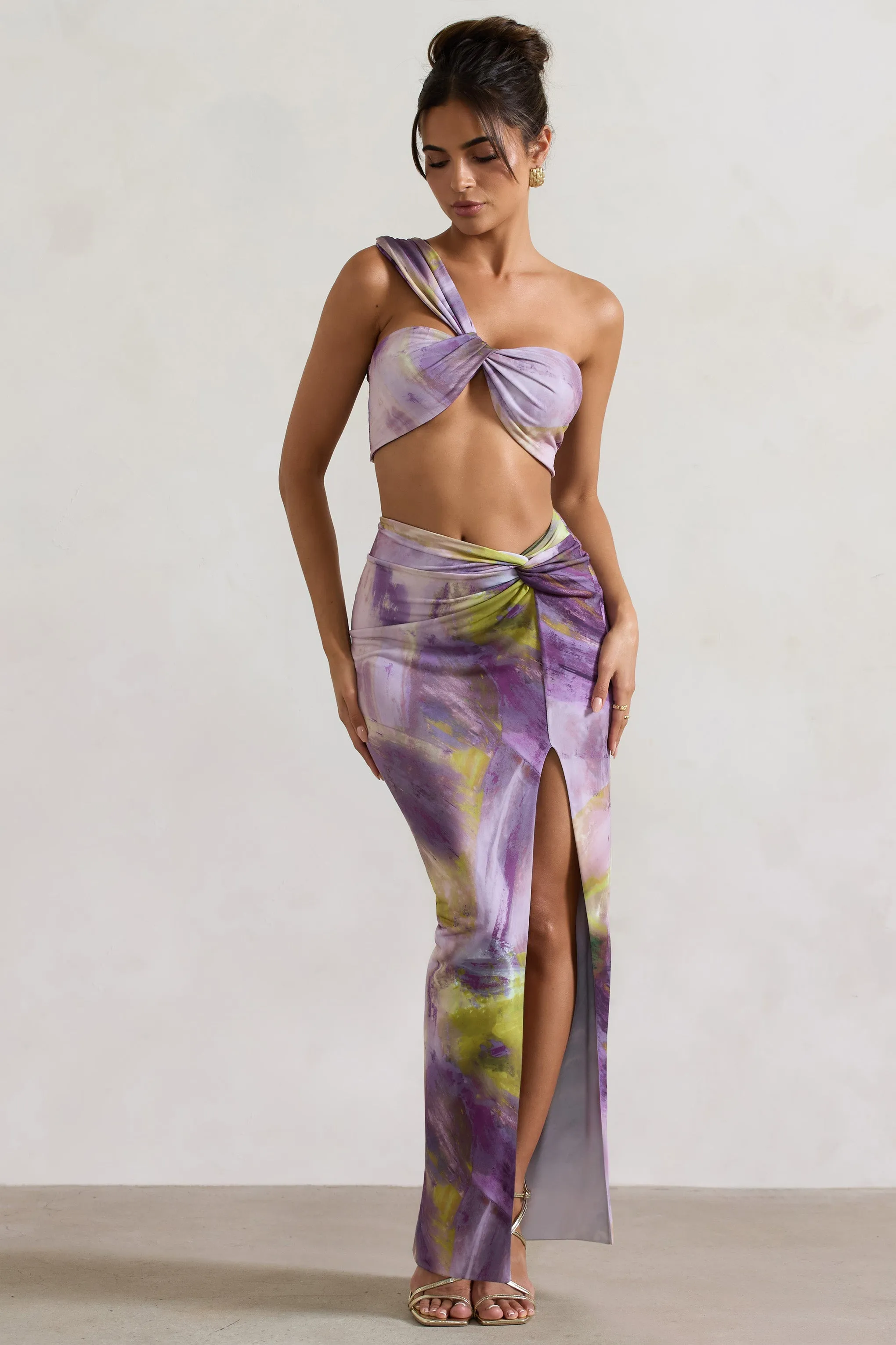 Tender Kiss | Lilac Print Knot Split Maxi Skirt