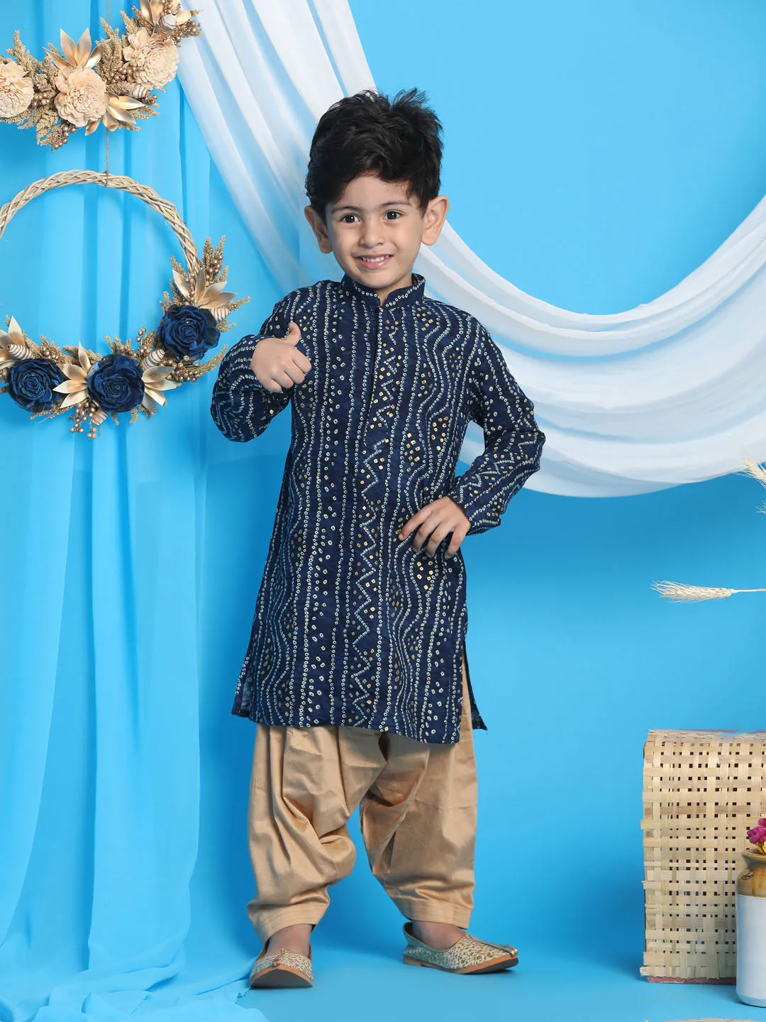 VASTRAMAY Blue Bandhni Print Rayon Siblings Set