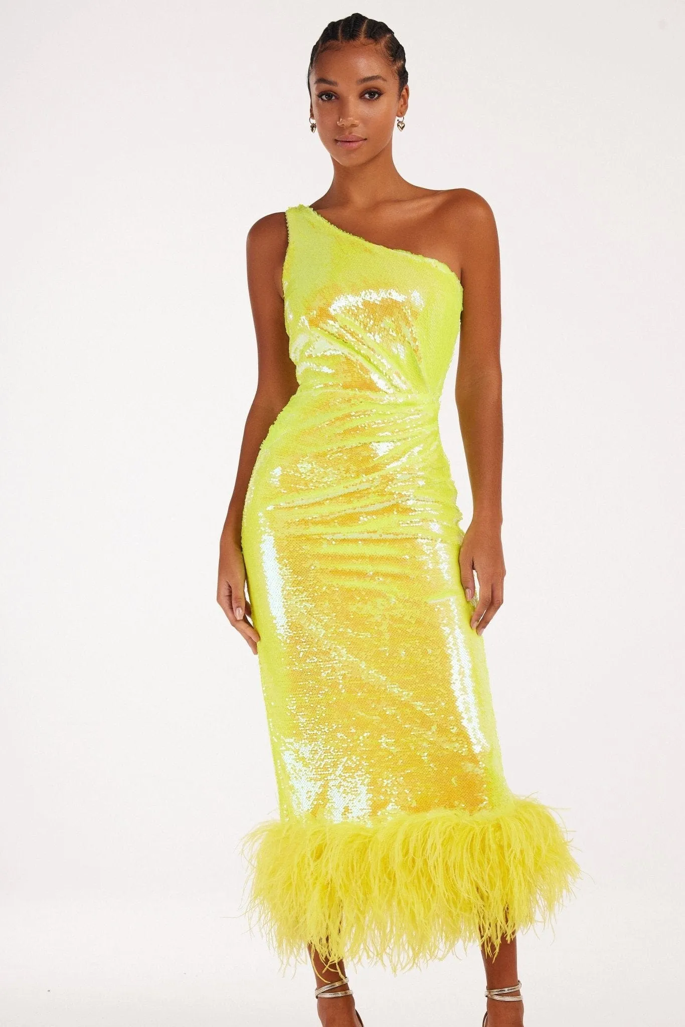 Vivid one-shoulder yellow sparkling wrapped midi dress