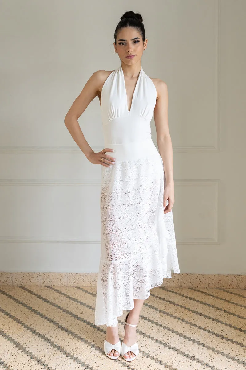 White Lace Asymmetric Wrap Skirt With Ruffles