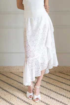 White Lace Asymmetric Wrap Skirt With Ruffles