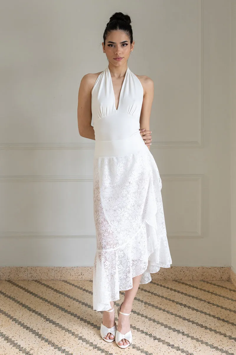 White Lace Asymmetric Wrap Skirt With Ruffles