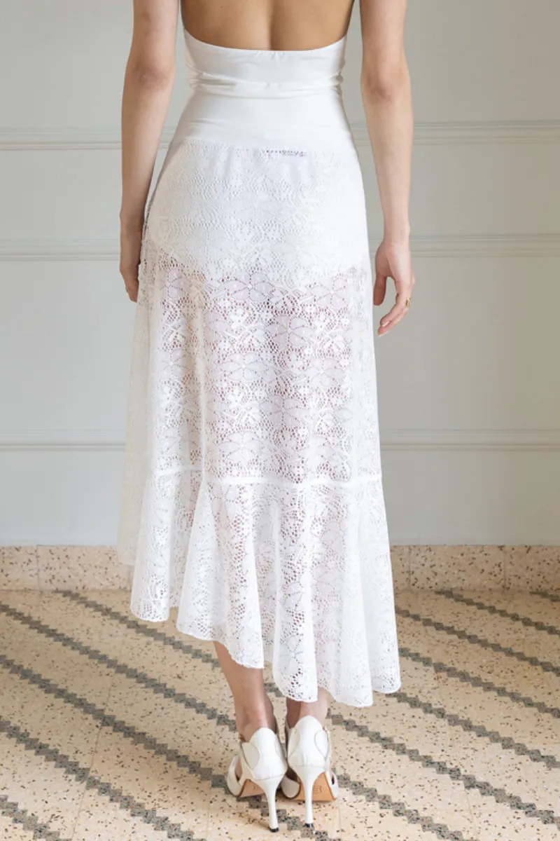 White Lace Asymmetric Wrap Skirt With Ruffles