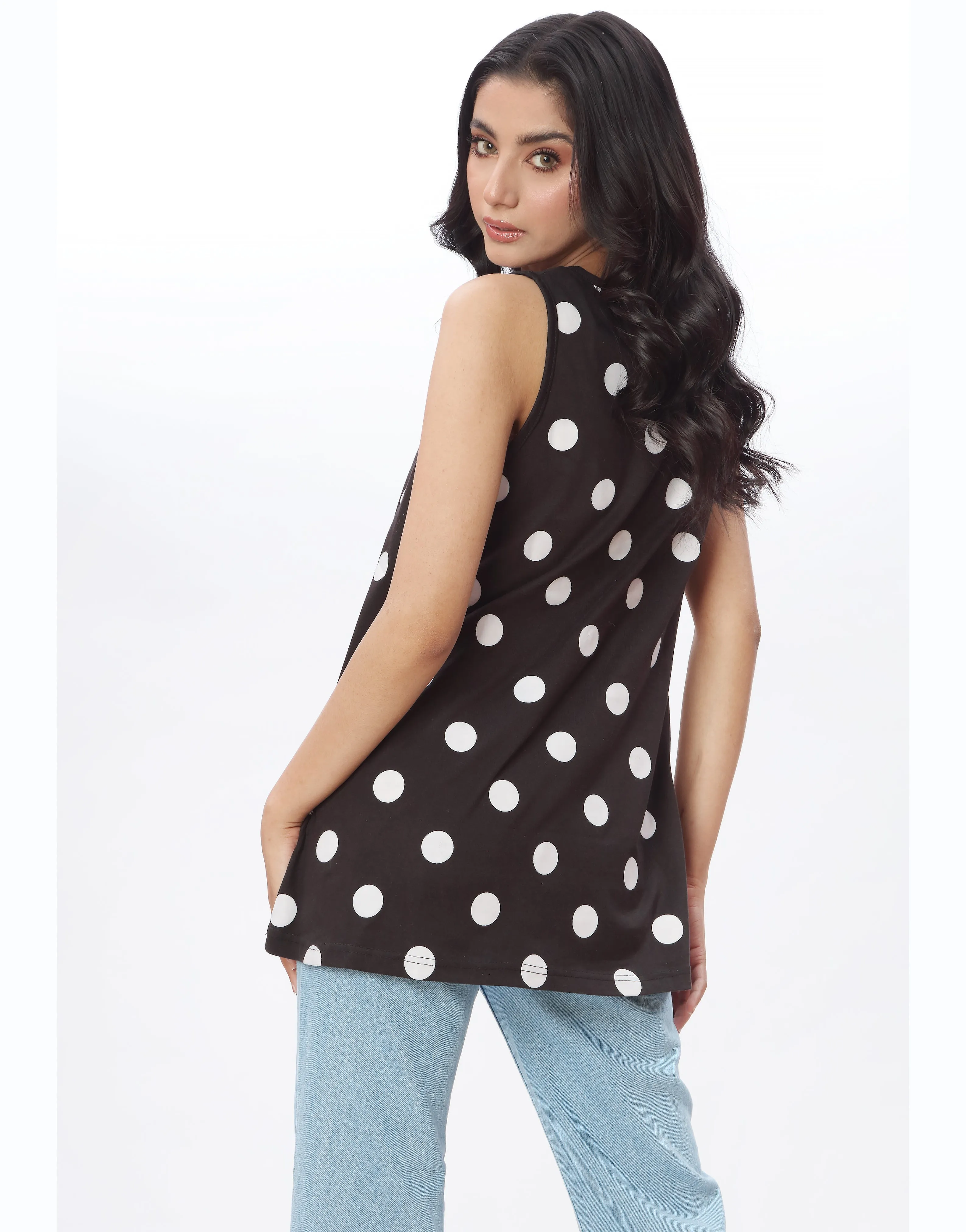 White Polka Dots Sleeveless Black Top Boohoo