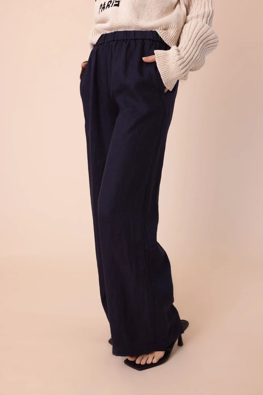 Wide Straight Leg Trousers - Navy