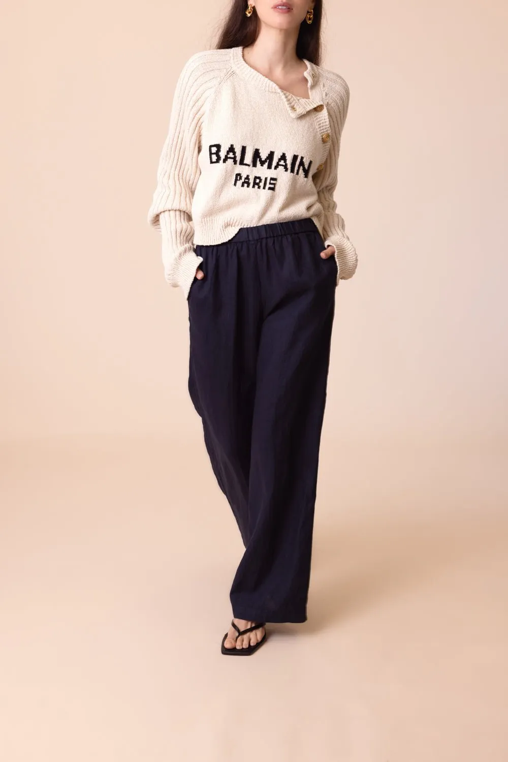 Wide Straight Leg Trousers - Navy