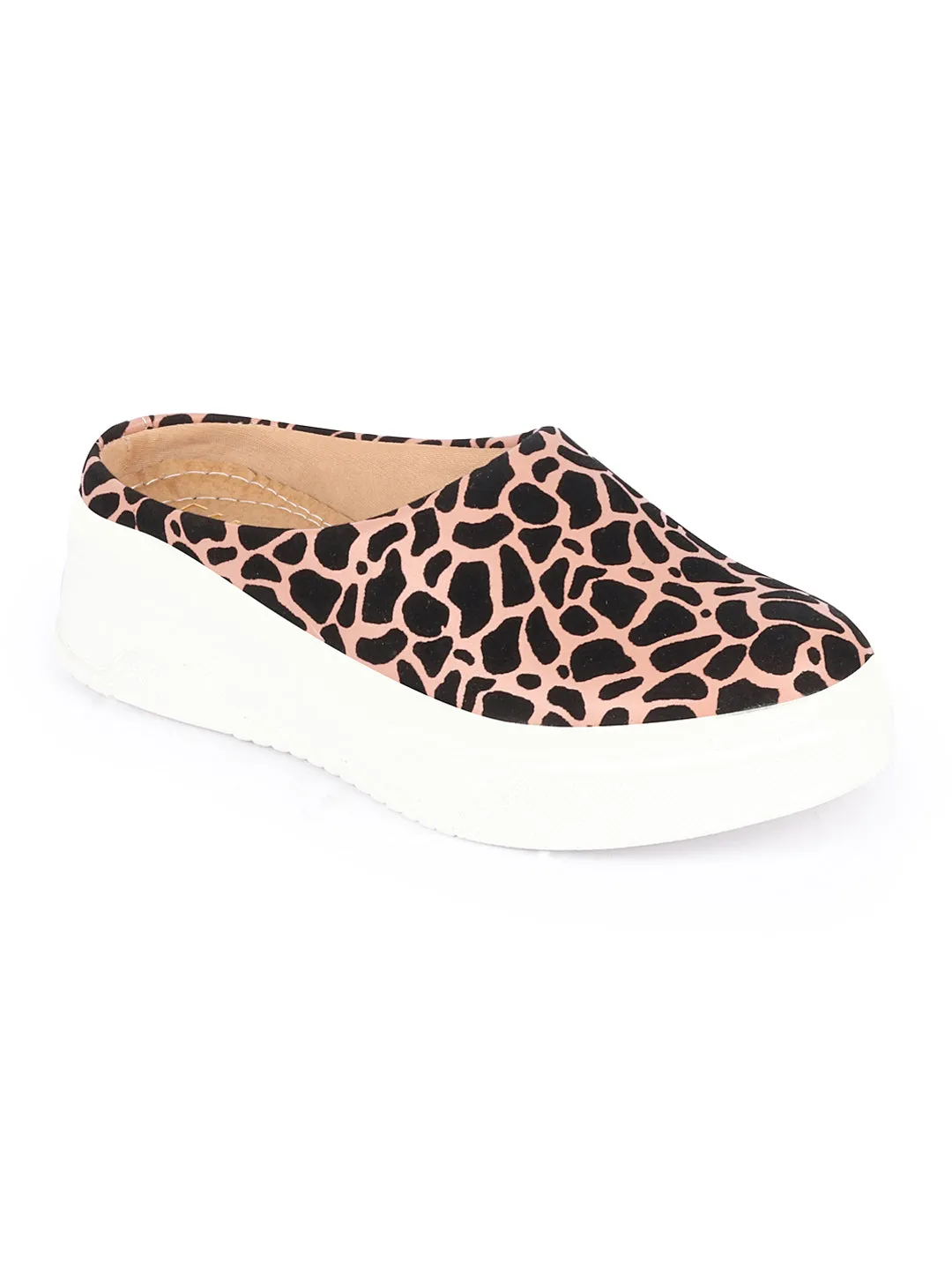 Women Peach Fashion Outdoor Leopard Print Height Enhancer Open Back Slip On Casual Shoes