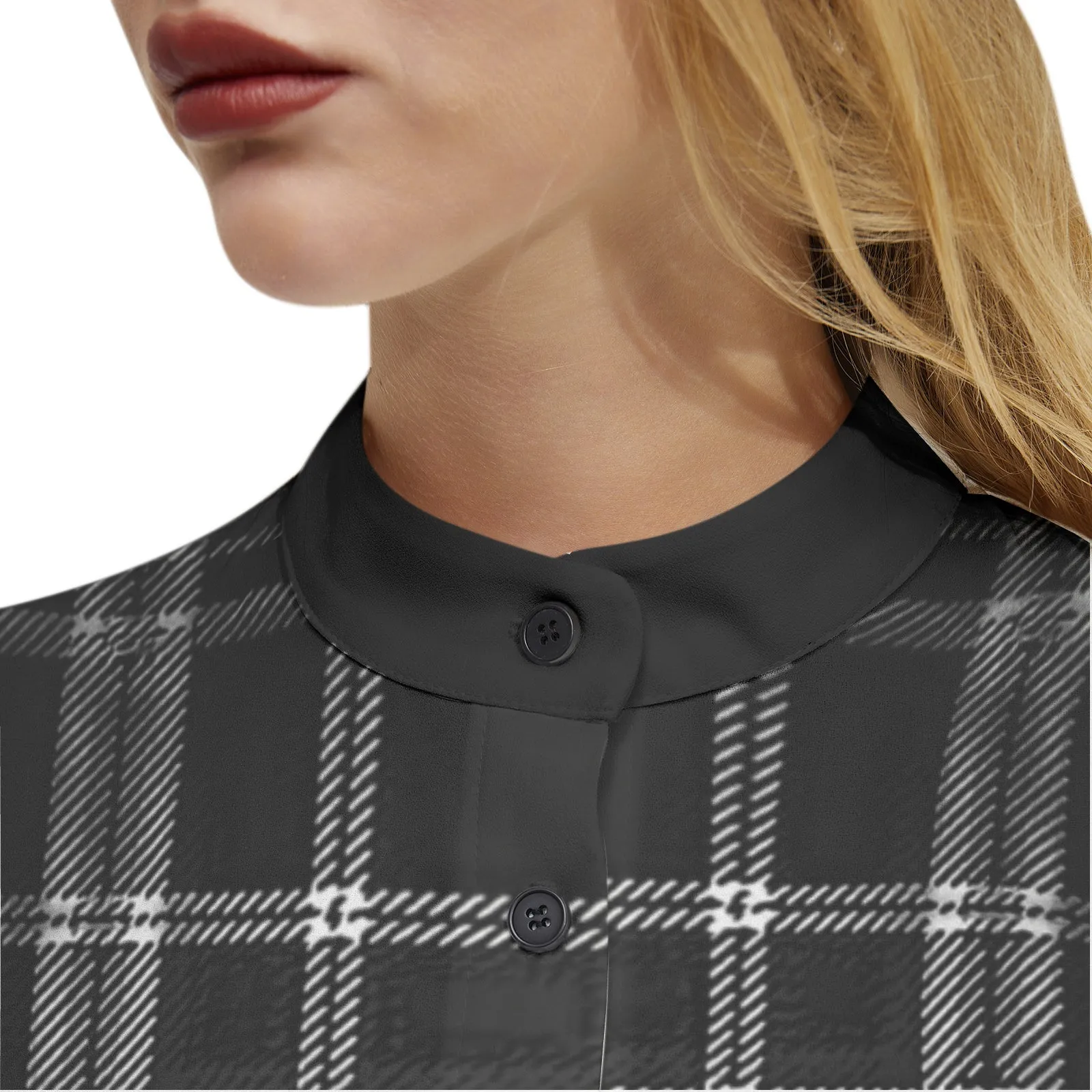 Yahuah-Tree of Life 02-04   Digital Plaid 01-06A Ladies Designer Band Collar Long Sleeve Button Up Blouse