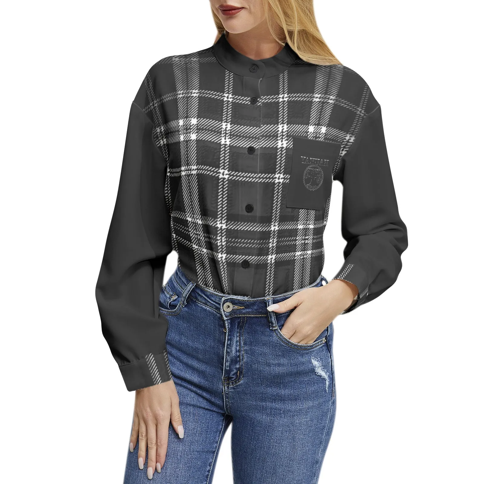 Yahuah-Tree of Life 02-04   Digital Plaid 01-06A Ladies Designer Band Collar Long Sleeve Button Up Blouse