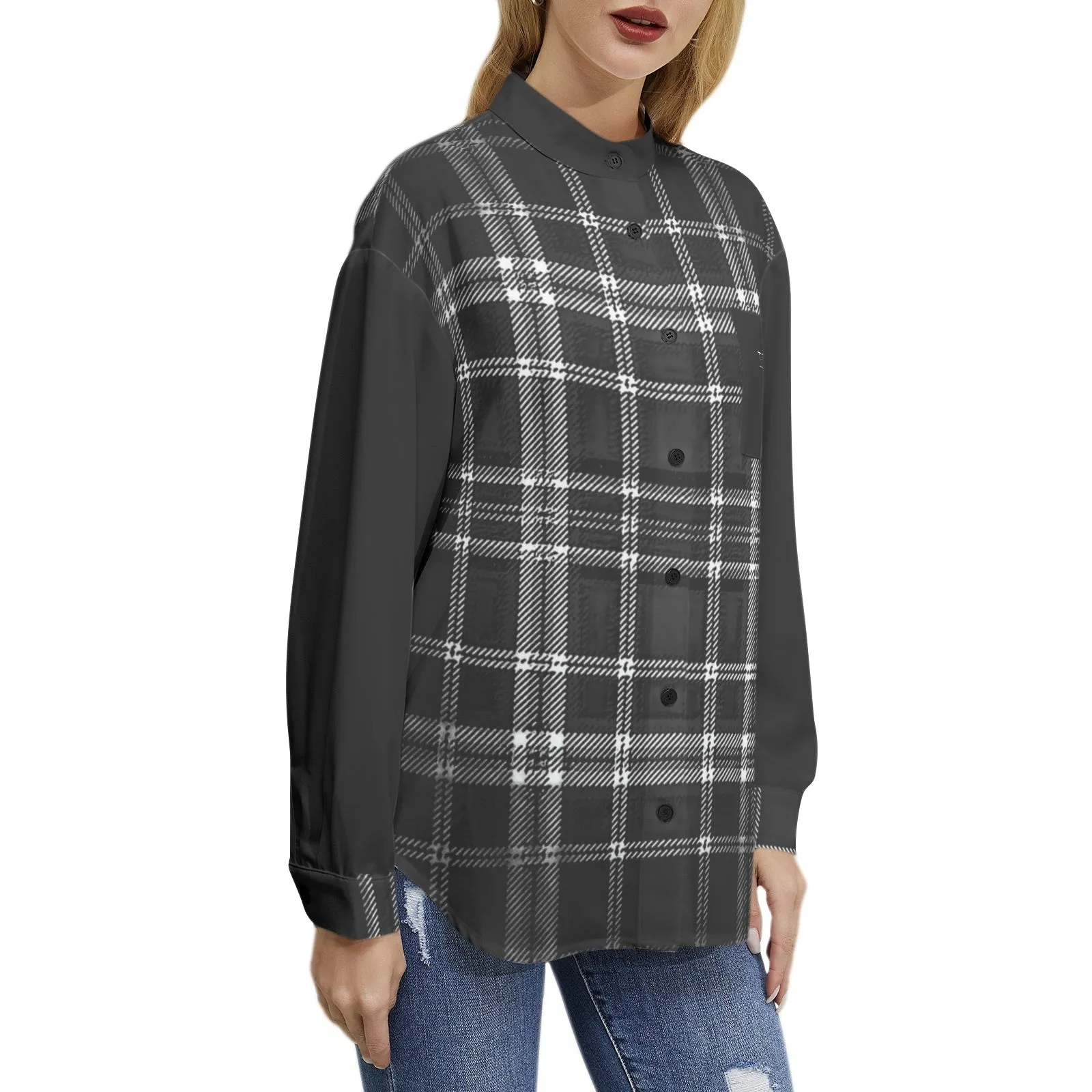 Yahuah-Tree of Life 02-04   Digital Plaid 01-06A Ladies Designer Band Collar Long Sleeve Button Up Blouse