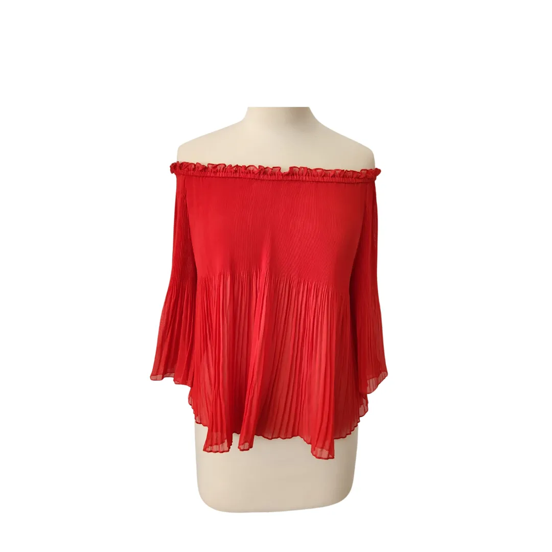 ZARA Red Pleated Off-shoulder Semi-sheer Blouse | Pre Loved |